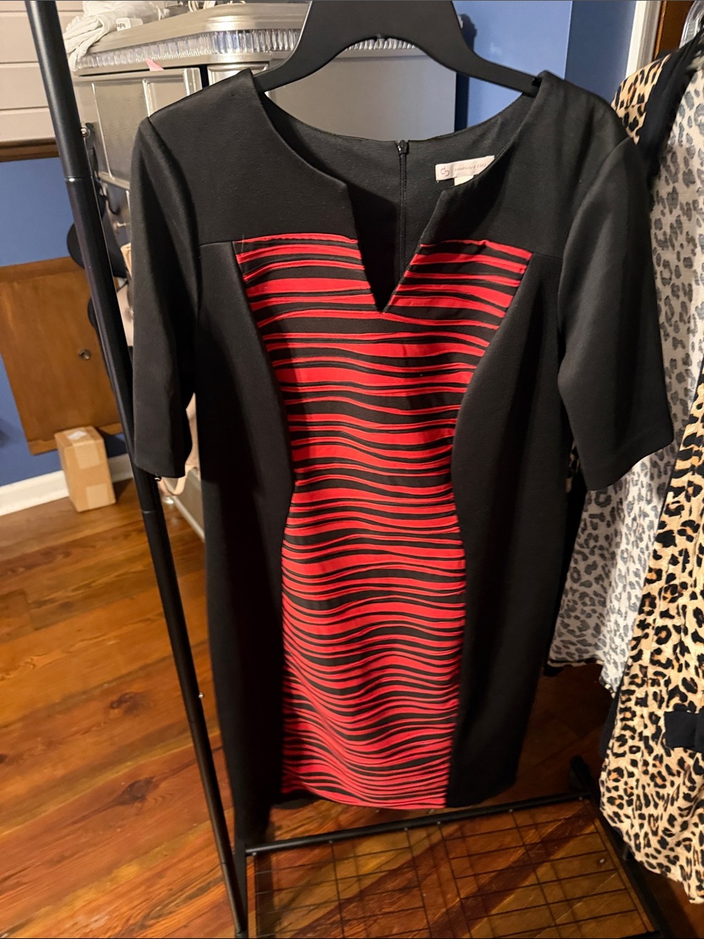 Dress Barn Black Midi Sheath Dress with Red Striped Front